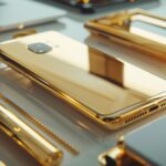 Zbliżenie pozłacanego smartfona i akcesoriów na eleganckiej powierzchni