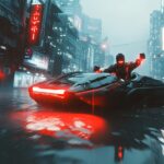 Osoba z bionicznymi ramionami pilotująca futurystyczną karetkę ratunkową w misji ratunkowej nad zalanym miastem cyberpunkowym płynnie płynącą nad wodą