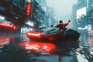 Osoba z bionicznymi ramionami pilotująca futurystyczną karetkę ratunkową w misji ratunkowej nad zalanym miastem cyberpunkowym płynnie płynącą nad wodą