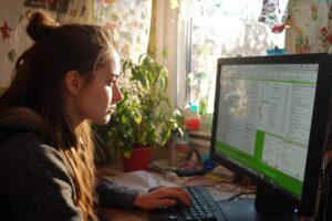 Kobieta pracująca przy komputerze z zdjęciem planu biznesowego