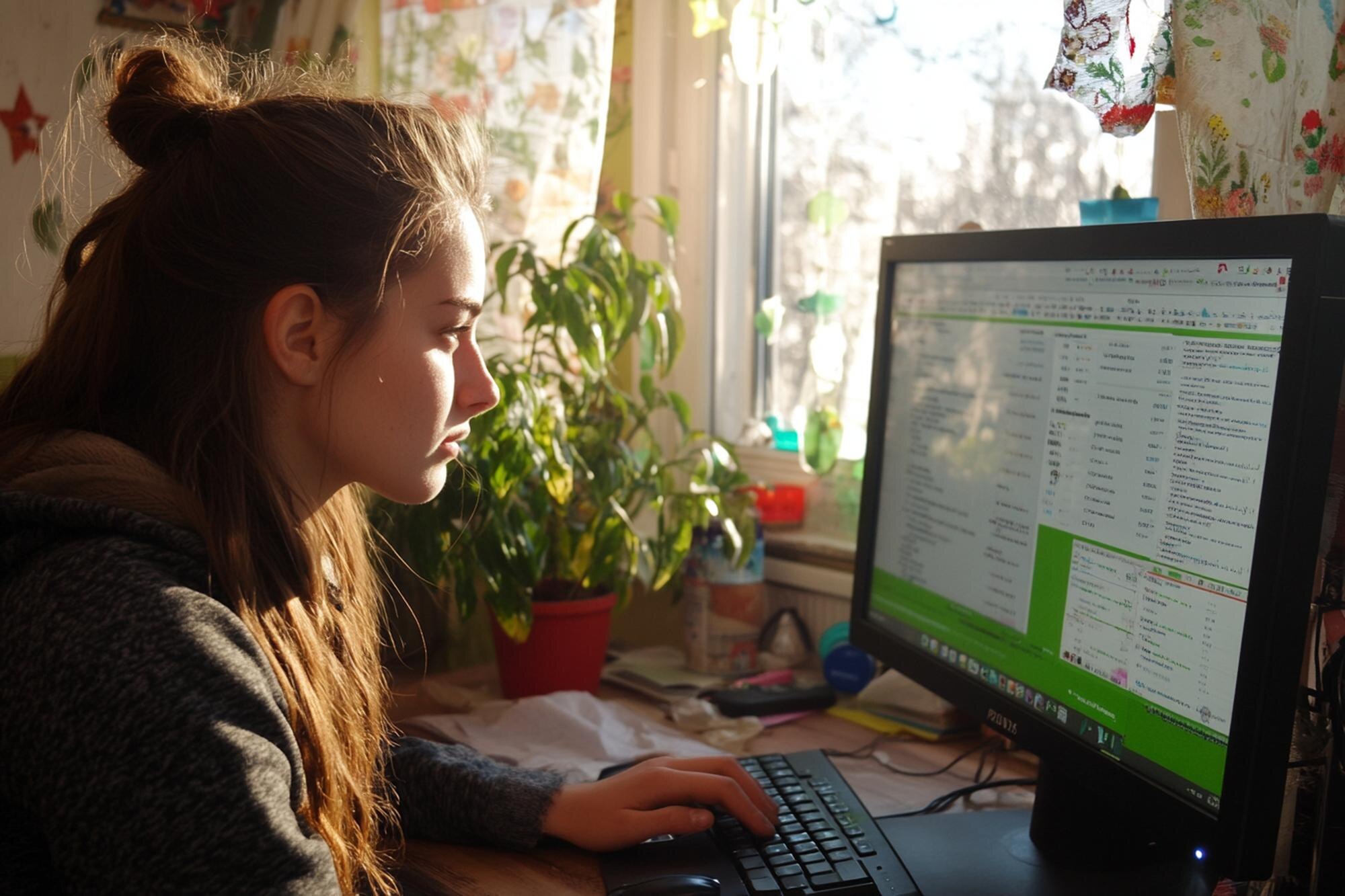 Kobieta pracująca przy komputerze z zdjęciem planu biznesowego
