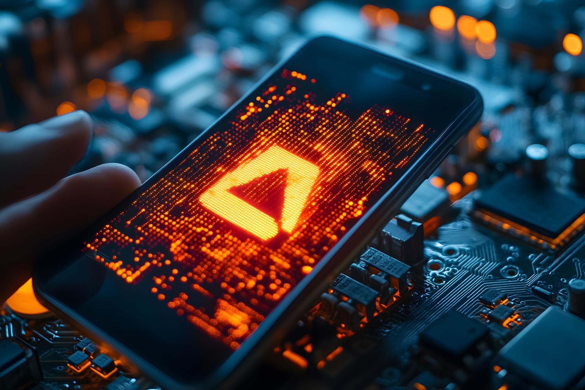 Mężczyzna trzymający smartfon z czerwonym cyfrowym symbolem wyświetlanym na ekranie