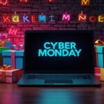 Cyber poniedziałek sprzedaż z prezentami i neonowe światła