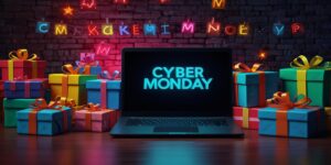 Cyber poniedziałek sprzedaż z prezentami i neonowe światła