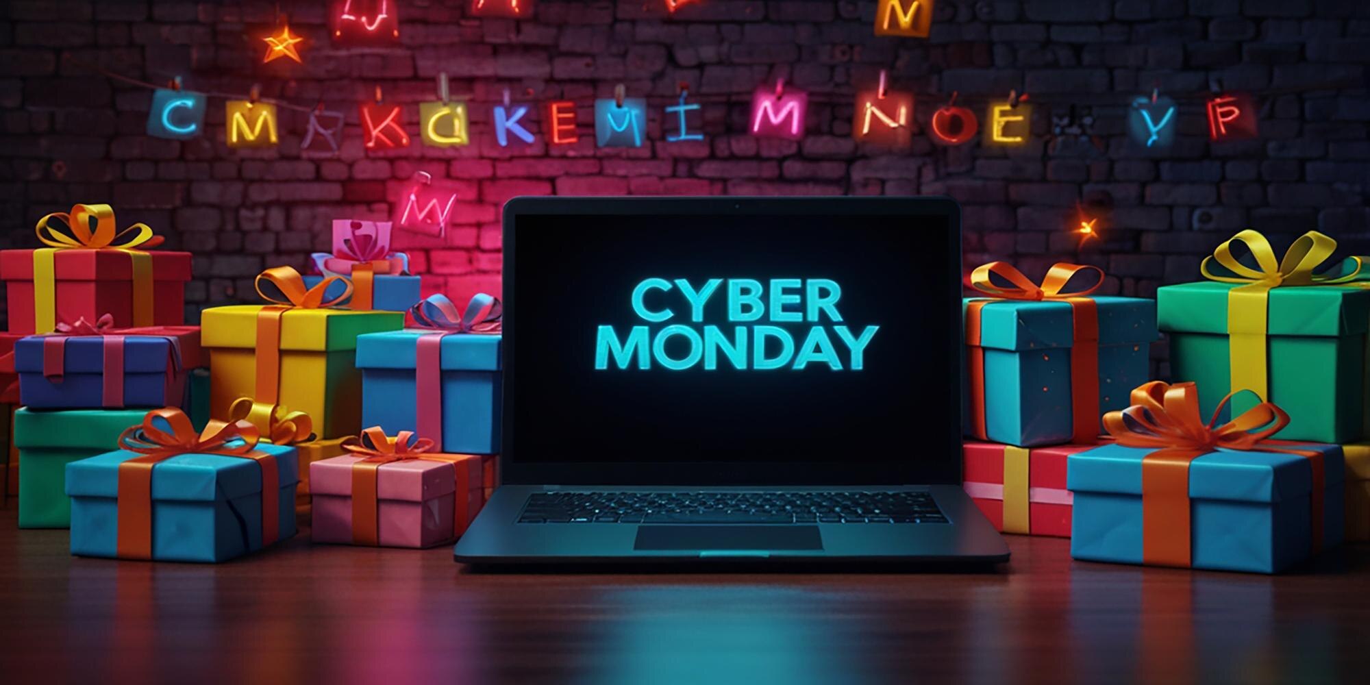 Cyber poniedziałek sprzedaż z prezentami i neonowe światła