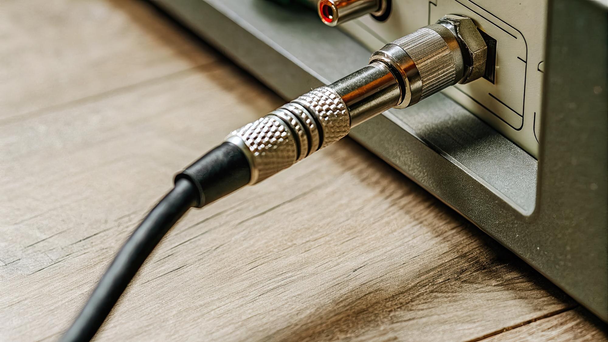 Closeup of audio cable connected to equipment