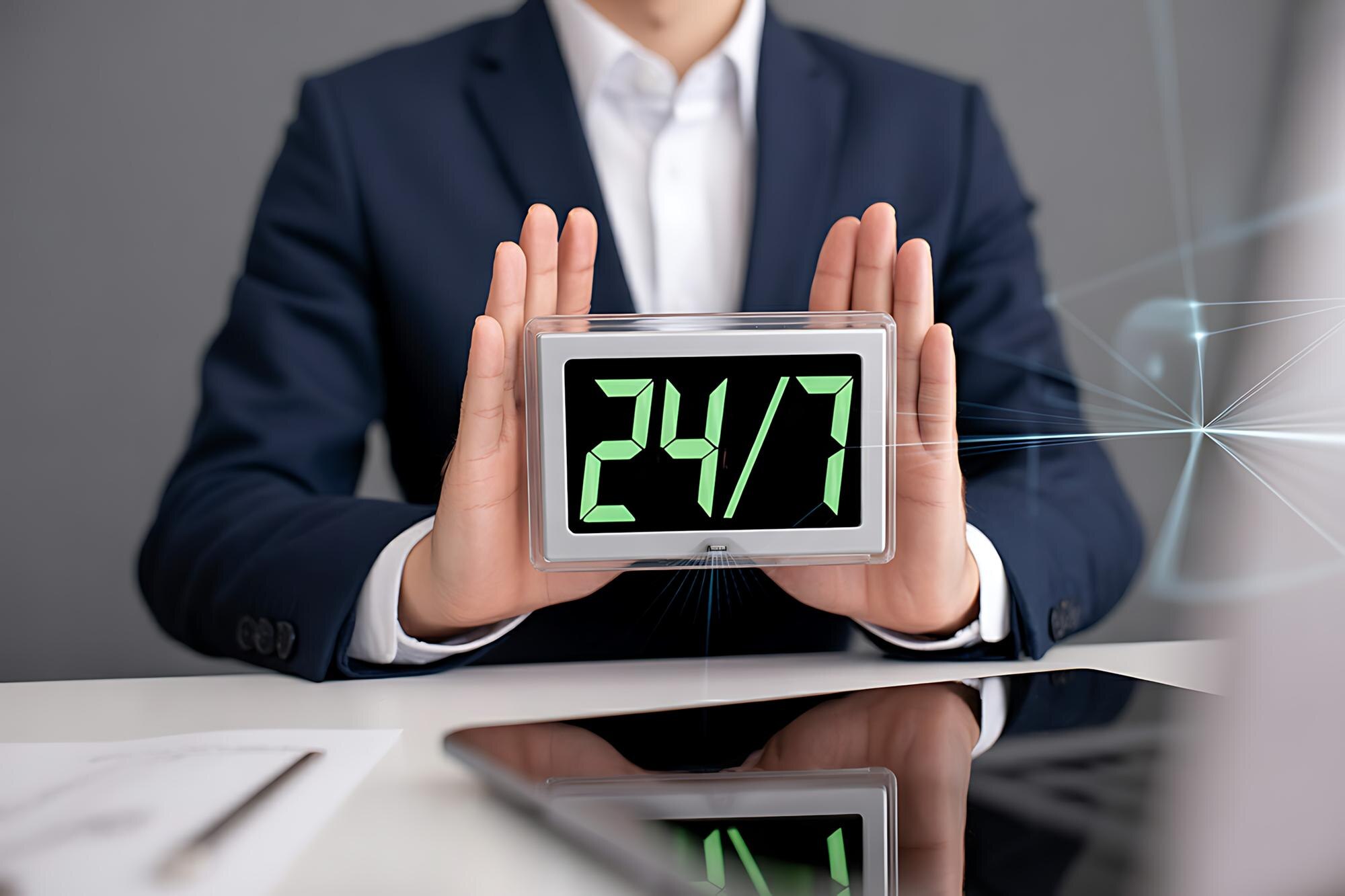 Businessman Holding 247 Digital Clock for Constant Service