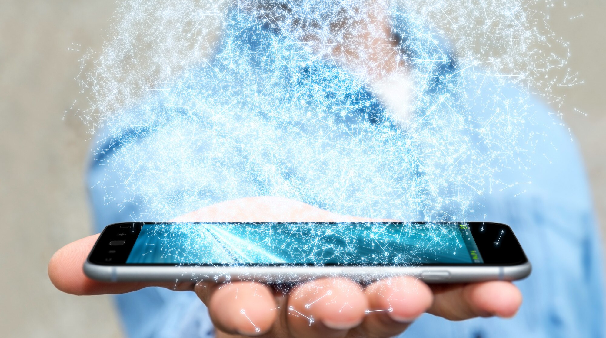 Biznesmen używa 3D renderingu sieci dane sferę z jego telefonem komórkowym