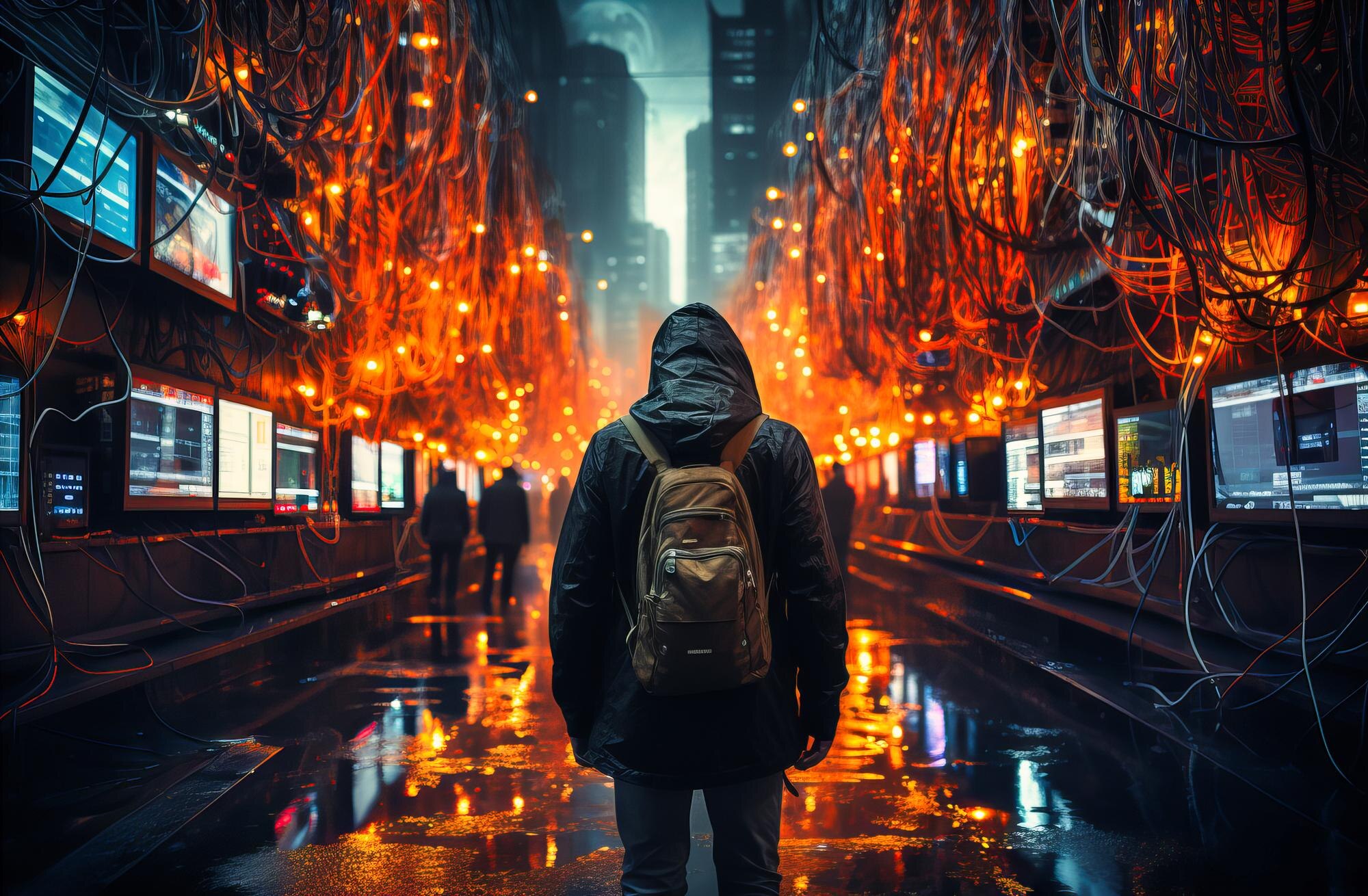 Hacker w kapturze idący wzdłuż kabli danych